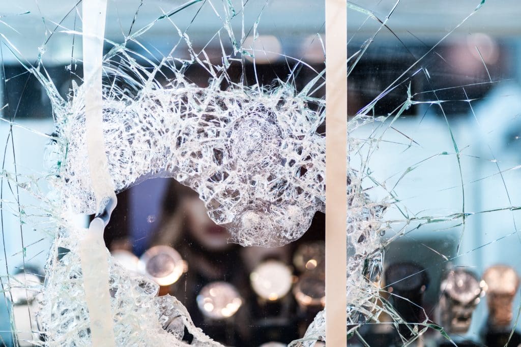 Broken window of a jewelery shop